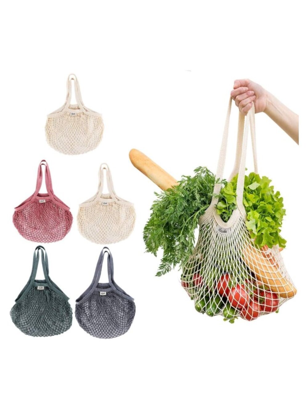 5 Pack Cotton Mesh Reusable Grocery Bags Long Handle Eco Friendly